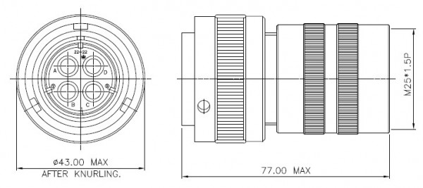 97B-3106M25-22-22P-PCD-GS-A23 Kabelstecker, 4pol (3+PE). Nickel, M25, ähnlich CGL06PG22-22P-D1L-B