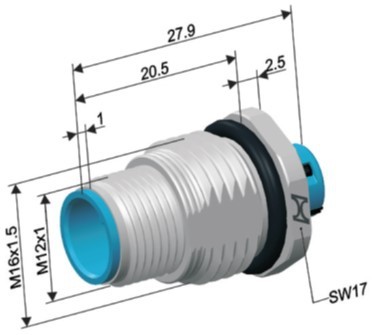 M12 Einbaudose 5pol. A-Code, Rückwandmont. M16x1,5 ohne Kont.