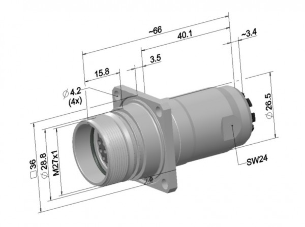 Kabelkupplung mit Bef.-Flansch 26polig E-Teil ohne Kontakte variable Klemmung 7,7-14,5mm